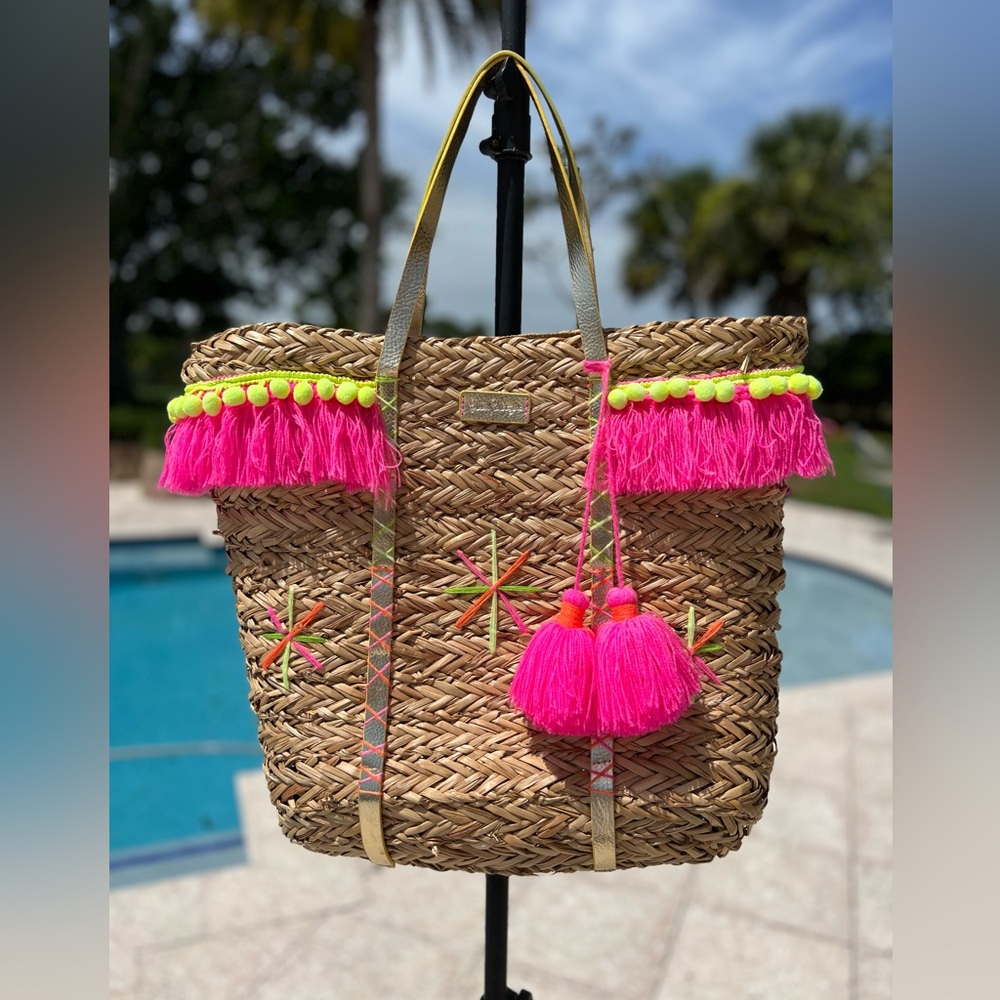 Lilly Pulitzer Straw Baja Tote natural straw with tassels & pom poms